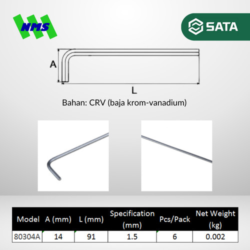 Kunci L SATA 80304A Extra Long Hex Key 1.5mm x 91mm