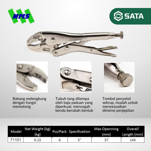 Tang Buaya SATA 71101 5" Inch Curved Jaw Locking Pliers Bukaan 37mm