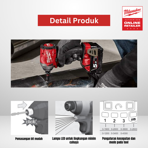Mesin Bor Obeng Milwaukee M12 FID2-0 1/4" Hex Cordless Impact Driver 12 Volt - Generasi ke 3 Terbaru