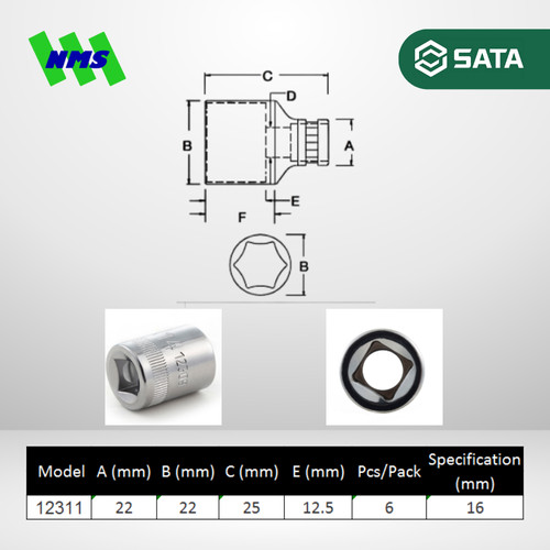 Kunci Soket SATA 12311 3/8" Dr. 6Pt. Metric Socket 16mm