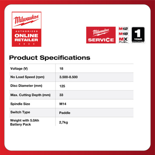 Combo Milwaukee M18 FSAGV125XPDB + HB8 + M12-18FC 125mm Angle Grinder