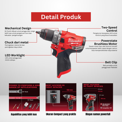 Mesin Bor Milwaukee M12 FPD-0 FUEL Percussion Cordless Drill Baterai
