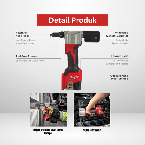 Alat Rivet Milwaukee M12 BPRT-0C Cordless Rivet Tool Baterai Portable