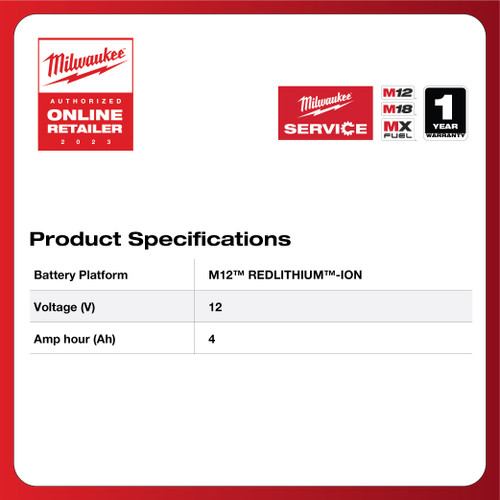 Baterai Milwaukee M12 B4 4.0Ah REDLITHIUM Battery 12V Untuk Semua M12