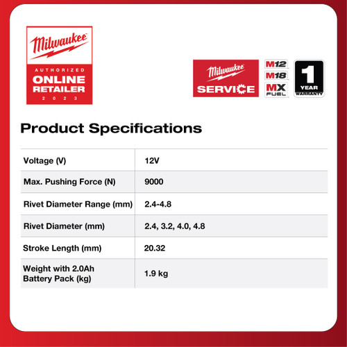 Alat Rivet Milwaukee M12 BPRT-0C Cordless Rivet Tool Baterai Portable