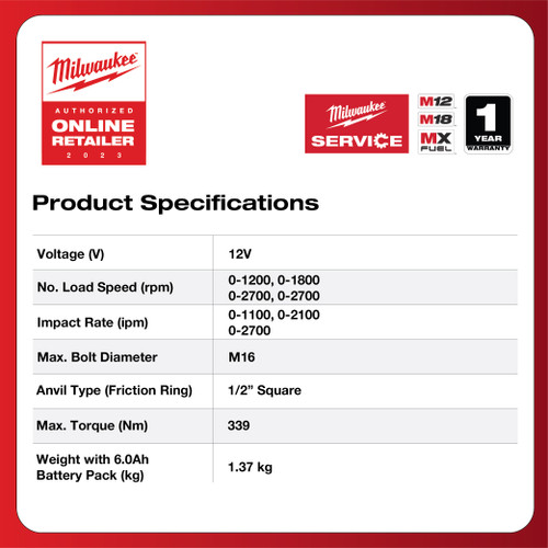Milwauke M12 FIWF12-0C FUEL 1/2" Stubby Impact Wrench & Carrying Case Mesin Pembuka Baut