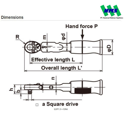 Kunci Torsi QSP3N 1/4" 0.6-3 Nm TOHNICHI Preset Torque Wrench