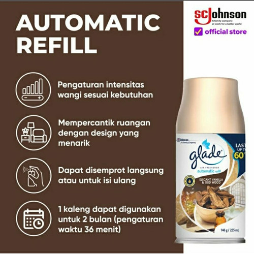 (Dapat 5 pcs) Glade Matic Refill Elegant Vanilla & Oudwood 146gr