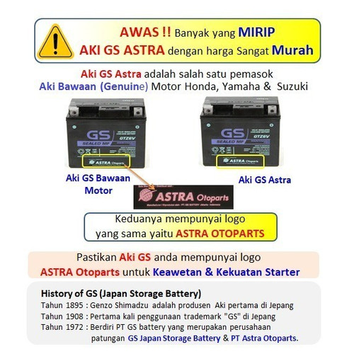 Aki Motor GS ASTRA GTZ6V MF Vario 125 esp,Vario 150,Beat ISS, Mio SSS