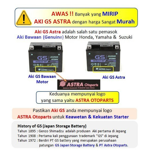 Aki Motor MF GS ASTRA GTZ6V Vario 125 esp,Vario 150,Beat ISS, Mio SSS