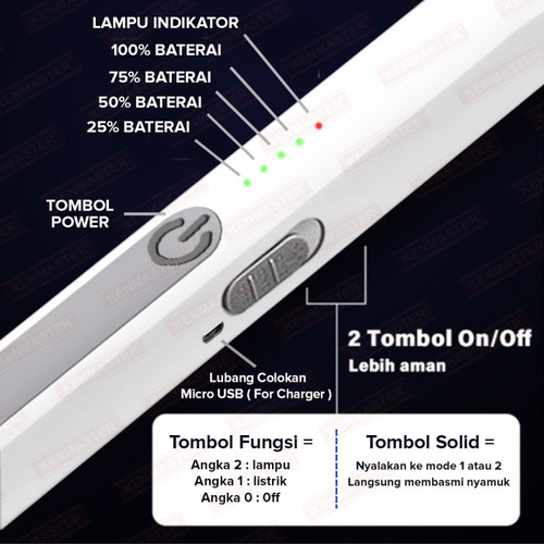 Kenmaster Raket Nyamuk 2 IN KM-108 + Lampu LED + UV / Raket Serangga / Raket Lalat - Pembasmi Serangga - Mosquito - MOSQ028