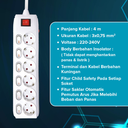 Kenmaster Stop Kontak 6 Lubang F-66 6 4M Stopkontak Colokan Listrik Colokan Putih