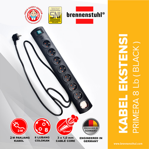 Brennenstuhl Stop Kontak 8 Lubang Primera Line 2 Meter / Stopkontak / Colokan Listrik / Terminal Listrik / Kabel Sambung / Colokan Sambung