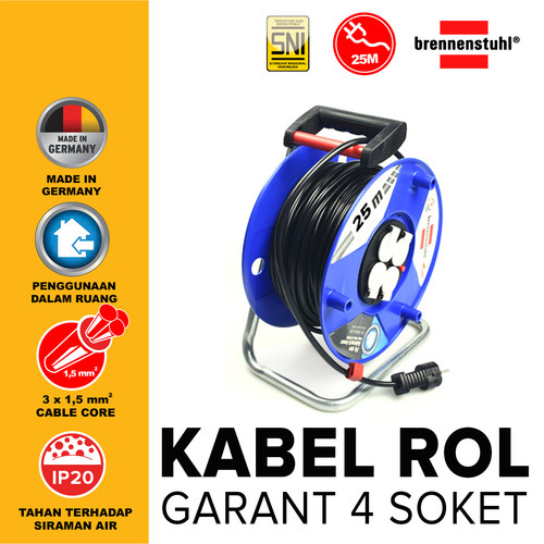 Brennenstuhl Kabel Roll 25 Meter Garant Export -KBRL037-1215056 / Kabel Roll 4 Lubang / Colokan Listrik / Teriminal Listrik / Kabel Sambung / Colokan Sambung