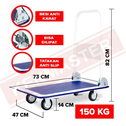 Kenmaster Hand Truck 150 / 300 KG Besi Roda Nylon - Troli Barang - Troli Lipat Dorong Biru / Dorongan Barang