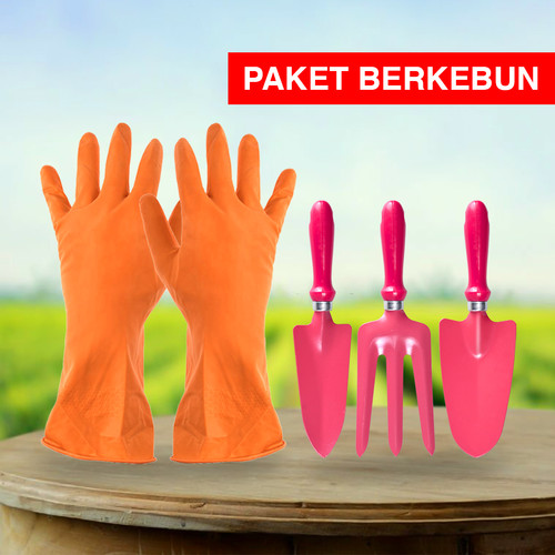Kenmaster Paket Berkebun - Sarung Tangan Karet Orange L + Garden Tools / Alat Berkebun 1 Set / Alat Berkebun Set