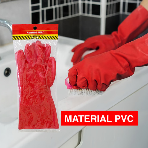 Kenmaster Sarung Tangan PVC Merah 16 Inch - Sarung Tangan PVC Tebal Sarung Tangan Karet PVC