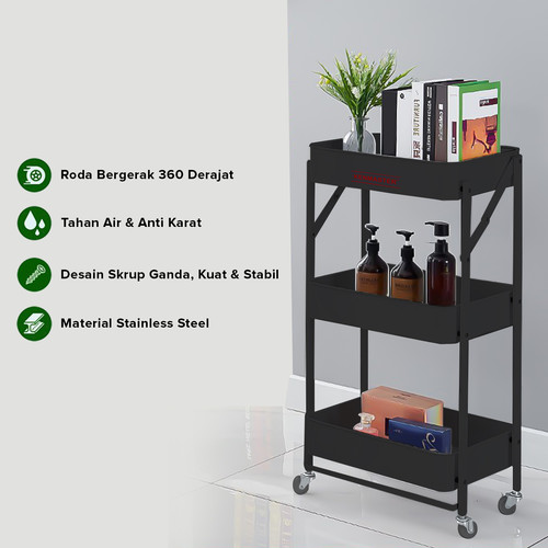 Kenmaster Rak Lipat 3 Susun KM-BWP8 / Rak Dapur Roda Lipat - Hitam