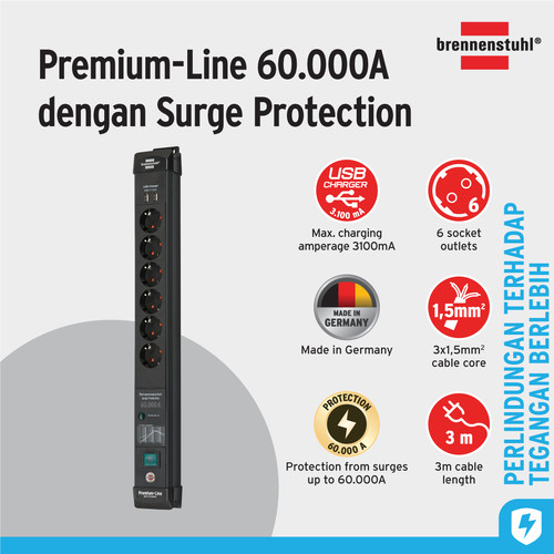 Stop Kontak Kabel Extension Terminal Listrik 6 Lubang Brennenstuhl Premium Line power strip 6 Socket 3m with surge protection anti petir 60000A / Colokan Listrik Kabel Ekstensi 3 Meter dengan Switch On Off