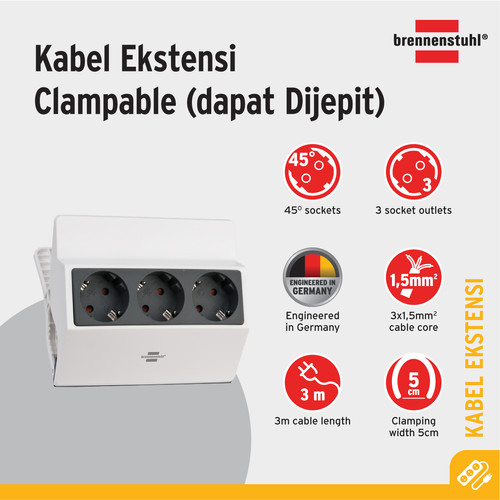 Stop Kontak Kabel Extension Terminal Listrik 3 Lubang Brennenstuhl Clampable socket strip 3 socket 3m / Colokan Listrik Jenis Penjepit 3 Meter- 1150070