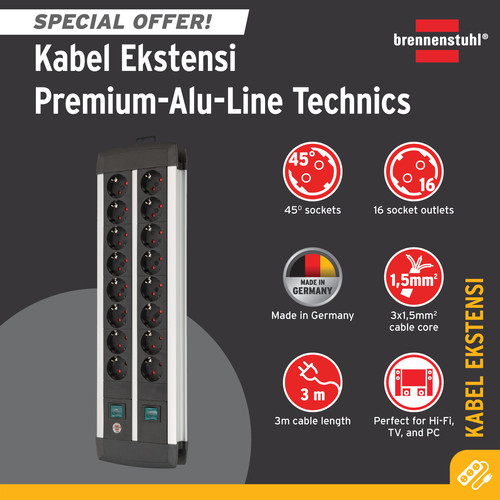 Stop Kontak Kabel Extension Terminal Listrik 16 Lubang Brennenstuhl Premium Alu Line Technics 16 Socket 3m Duo / Colokan Listrik Kabel Ekstensi 3 Meter dengan switch On Off -1391000916