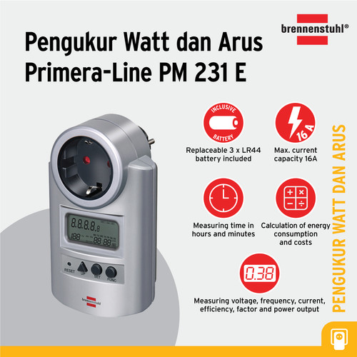Stop Kontak Pengukur Watt dan Arus Listrik 1 Lubang Brennenstuhl Primera Line Wattage and current meter PM231E - 1506600