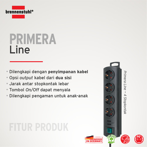 Stop Kontak Kabel Extension Terminal Listrik 4 Lubang Primera Line extension 4 Socket Hitam 1,5m / Colokan Listrik Kabel Ekstensi 1.5 Meter dengan Switch On Off - 1153300124