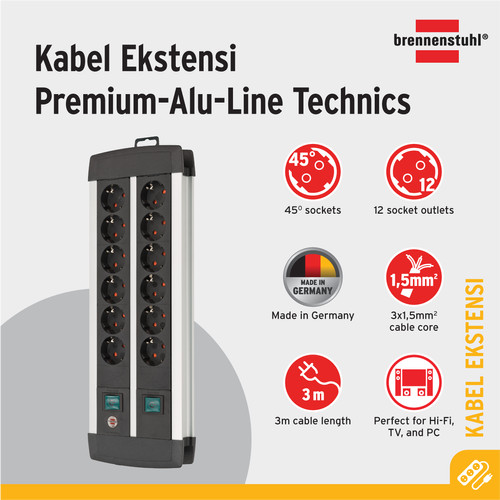 Stop Kontak Kabel Extension Terminal Listrik 12 Lubang Brennenstuhl Premium Alu Line Technics 12 Socket Duo / Colokan Listrik Kabel Ekstensi 3 Meter dengan switch On Off -1391000912