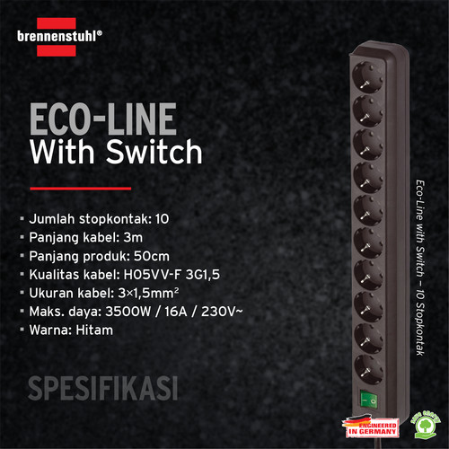 Stop Kontak Kabel Extension Colokan Terminal Listrik 10 Lubang Brennenstuhl Eco-line dengan kabel 3m dan Switch 9123020017