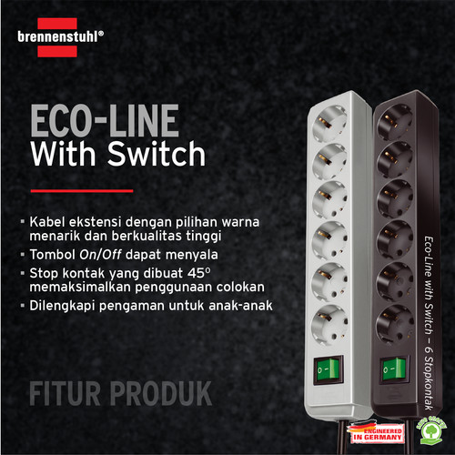 Brennenstuhl Eco-Line Stop Kontak dengan Switch 6-Soket Hitam 1,5m