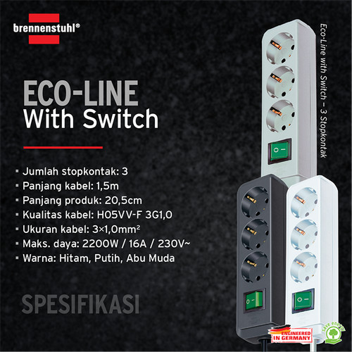 Brennenstuhl Eco-Line Stop Kontak dengan Switch 3-Soket Abu-Abu 1,5m