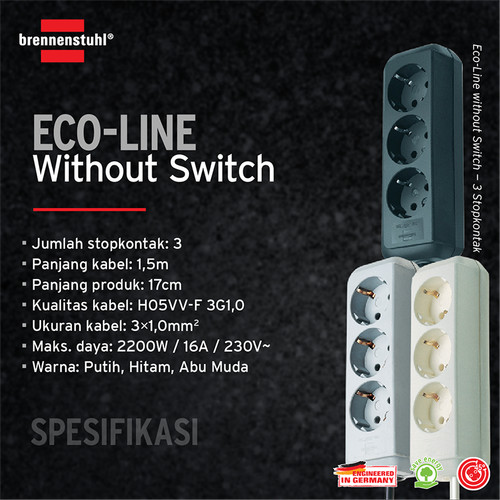 Brennenstuhl Eco-Line Stop Kontak 3-socket hitam 1.5m - 9123020008