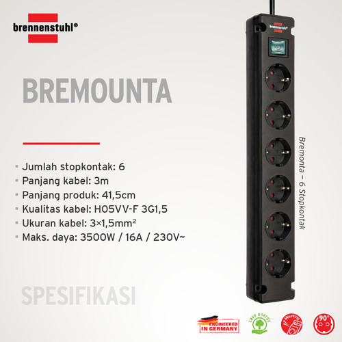 Stop Kontak Kabel Extension Terminal Colokan Listrik 6 Lubang Brennenstuhl Bremounta dengan kabel 3m dan Switch  1150650316