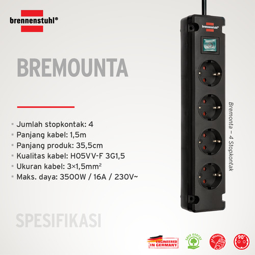 Stop Kontak Kabel Extension Terminal Colokan Listrik 4 Lubang Brennenstuhl Bremounta dengan kabel 1,5m dan Switch 1150650114