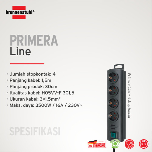Stop Kontak Kabel Extension Terminal Listrik 4 Lubang Primera Line extension 4 Socket Hitam 1,5m / Colokan Listrik Kabel Ekstensi 1.5 Meter dengan Switch On Off - 1153300124