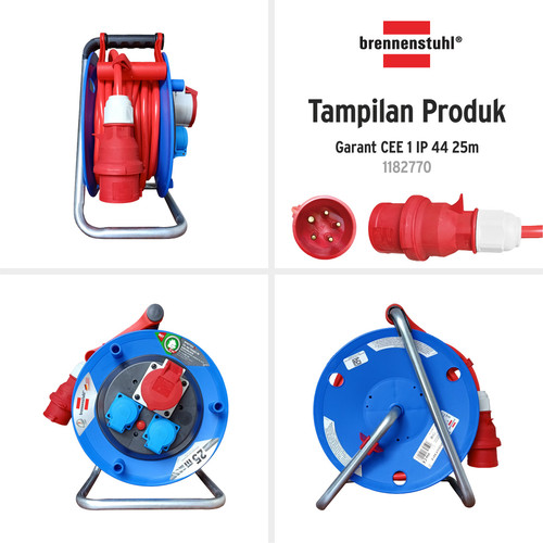 Kabel Rol 3 Lubang Brennenstuhl Cable Reel Garant 25m 3 Socket CEE 1 IP44 / Colokan Terminal Listrik dengan Kabel Gulung 25 Meter - 1182770 Red