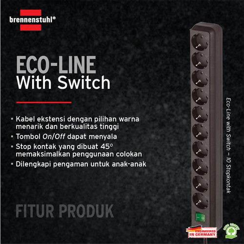 Stop Kontak Kabel Extension Colokan Terminal Listrik 10 Lubang Brennenstuhl Eco-line dengan kabel 3m dan Switch 9123020017