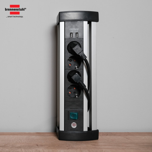Stop Kontak Kabel Extension Terminal Listrik 4 Lubang + USB Brennenstuhl Alu Office Line / Colokan listrik Kabel Ekstensi Meja Kantor Meeting Cable Extension dengan kabel 1.8 meter dan Switch On Off - 1394000534