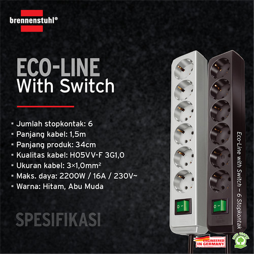 Brennenstuhl Eco-Line Stop Kontak dengan Switch 6-Soket Hitam 1,5m