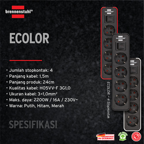 Stop Kontak Brennenstuhl Ecolor 4-Soket Hitam dengan Switch