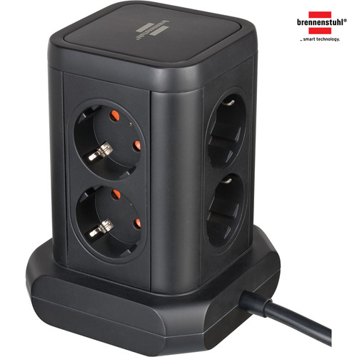 Stop Kontak Kabel Ekstensi Colokan Terminal Listrik 8 Lubang Brennenstuhl Tower 8 Socket 4 USB 4 Arah 2m Hitam dengan switch