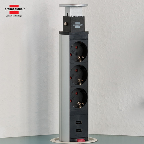 Stop Kontak Kabel Extension Terminal Listrik 3 Lubang Brennenstuhl Pop Up Tower 3 Socket dengan pengisi daya USB / Colokan Listrik Kabel Ekstensi 2 Meter - 1396200013