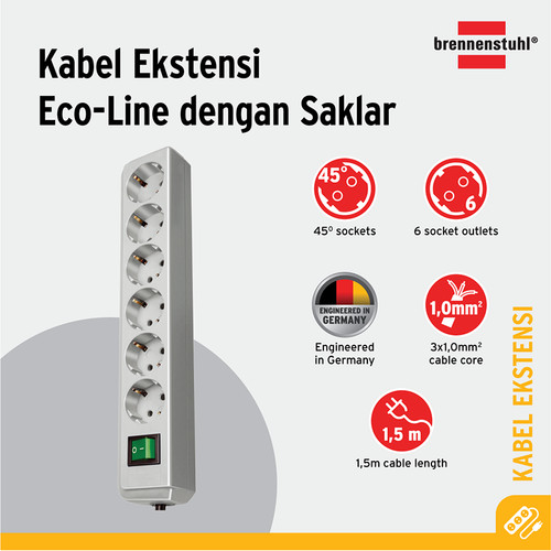 Brennenstuhl Eco-Line Stop Kontak dengan Switch 6-Soket Abu-Abu 1,5m