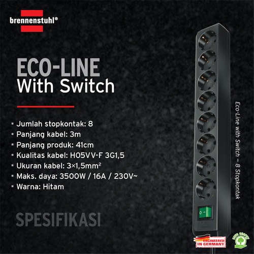 Stop Kontak Kabel Extension Colokan Terminal Listrik 8 Lubang Brennenstuhl Eco-line dengan kabel 3m dan Switch 9123020016