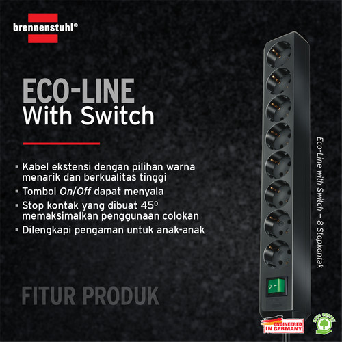 Stop Kontak Kabel Extension Colokan Terminal Listrik 8 Lubang Brennenstuhl Eco-line dengan kabel 3m dan Switch 9123020016