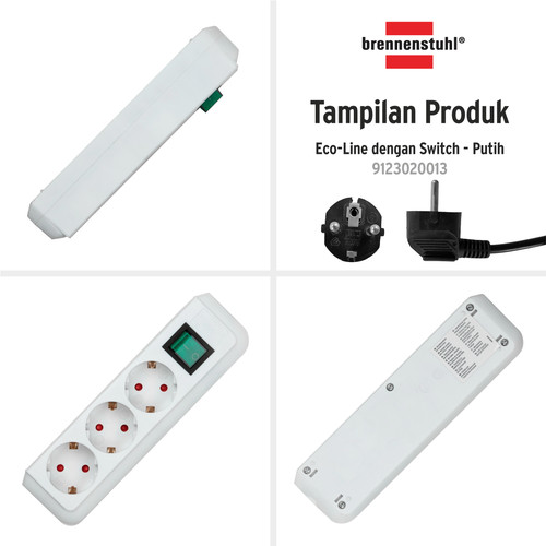 Brennenstuhl Eco-Line Stop Kontak dengan Switch 3-Soket Putih 1,5m