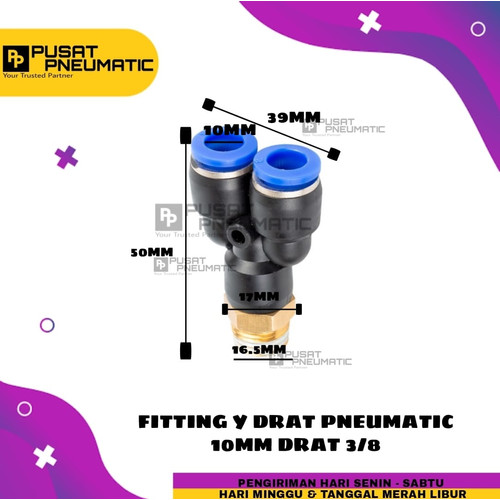 FITTING Y DRAT 2 TUBE UKURAN 10 MM DRAT UKRAN 3/8"(16MM)