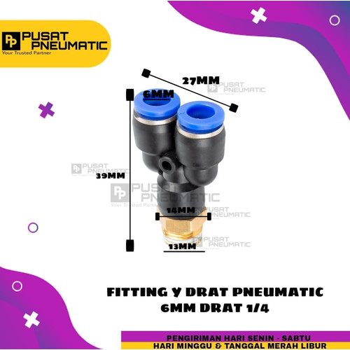 FITTING Y DRAT 2 TUBE UKURAN 6 MM DRAT UKRAN 1/4"(12MM)