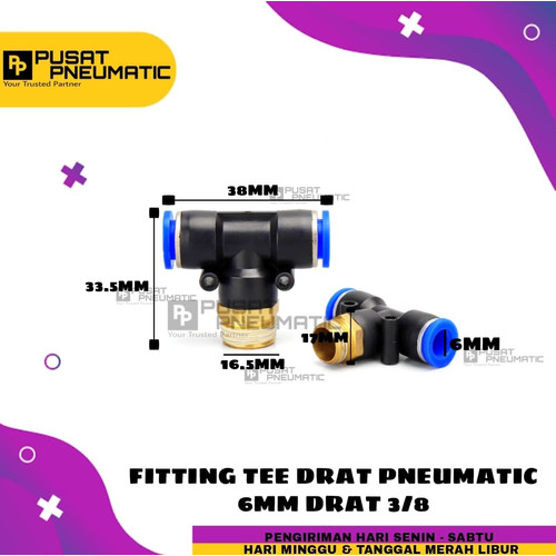 FITTING TEE(EPB) KIRI KANAN TUBE 6 MM Drat 3/8"(16mm)