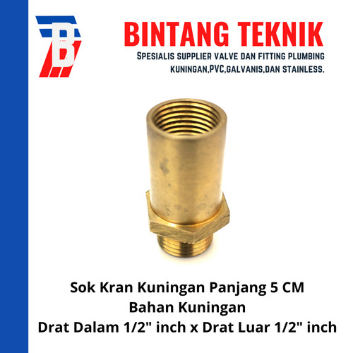 Sok (Sock) Kran Panjang Kuningan Drat Dalam 1/2" x Drat Luar 1/2"